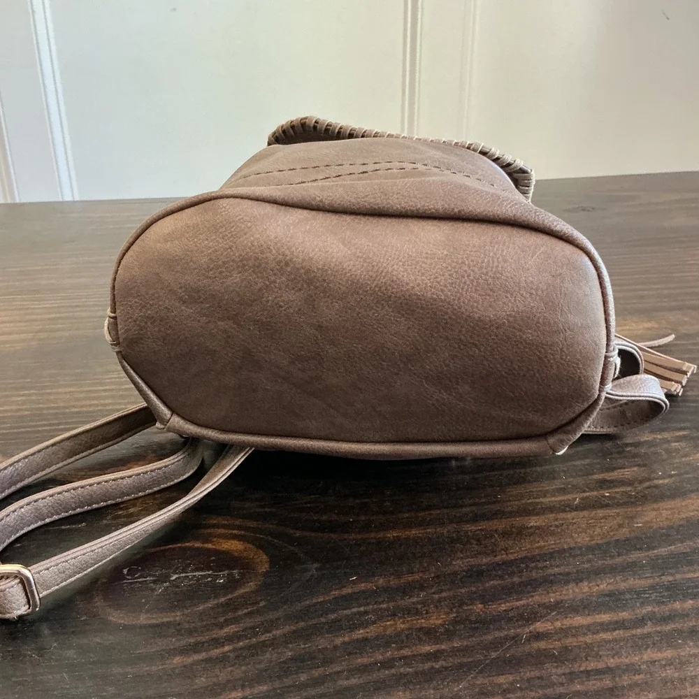 Brown Faux Leather Mini Backpack Tassel Whipstitch Boho Drawstring Bag